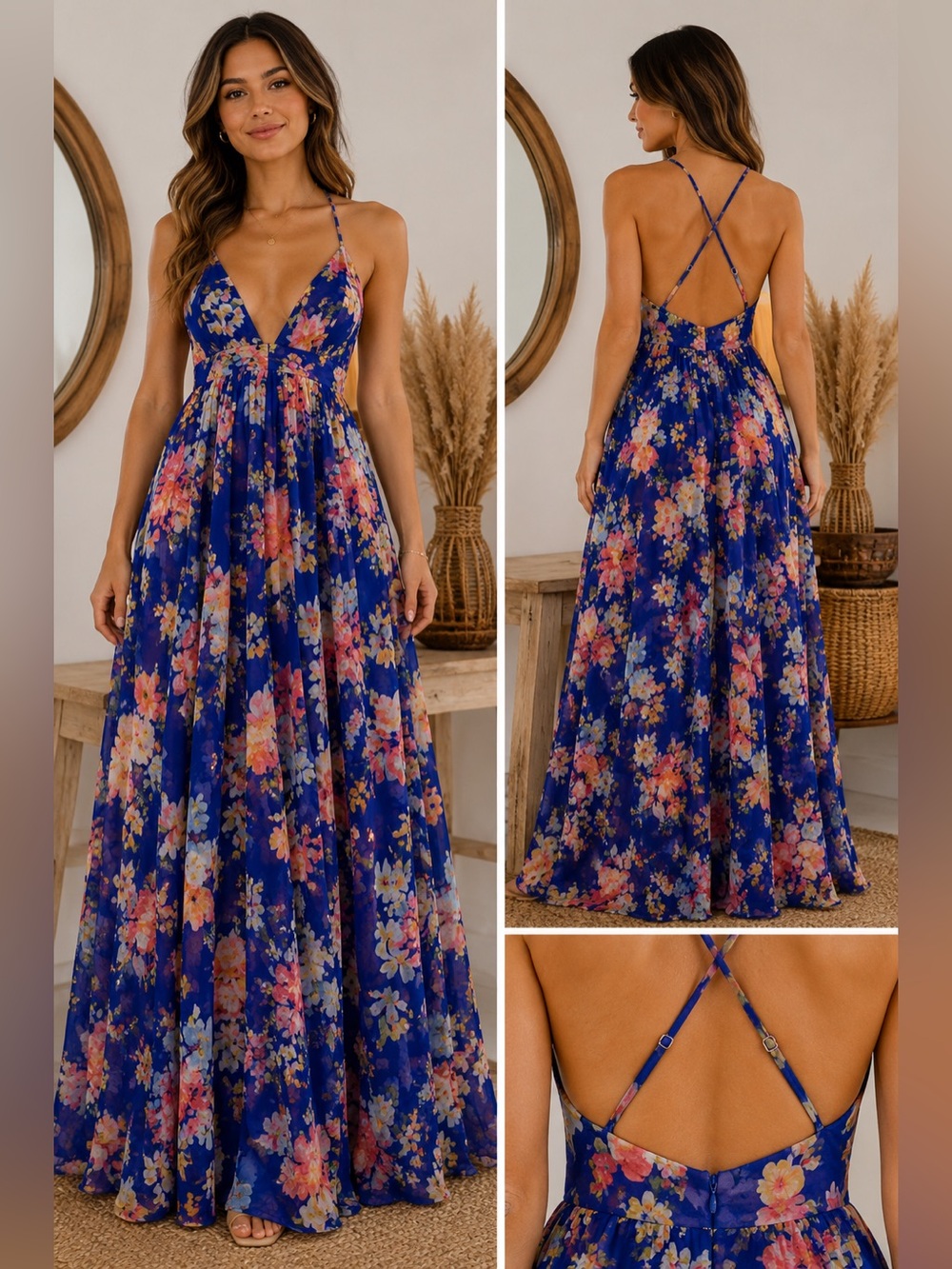 Meghan LA Royal Blue Floral Maxi Dress with Spaghetti Straps